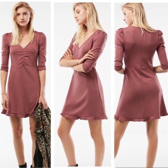 Express V-Neck Ruffle Hem Fit And Flare Dress Dusty Pink Size Small - Picture 1 of 9